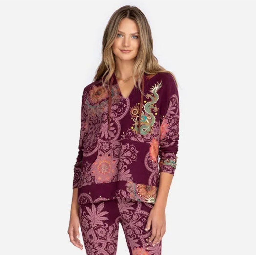 Johnny Was Burgundy Dragon Pullover Hoodie Top Lotus Print Size Medium